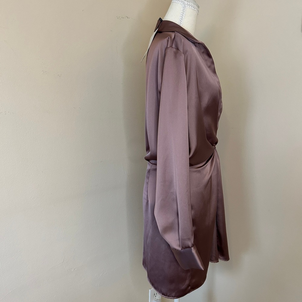 Zara Mauve Pink Satin Twisted Front Mini Shirt Cocktail Dress Small - Picture 8 of 14